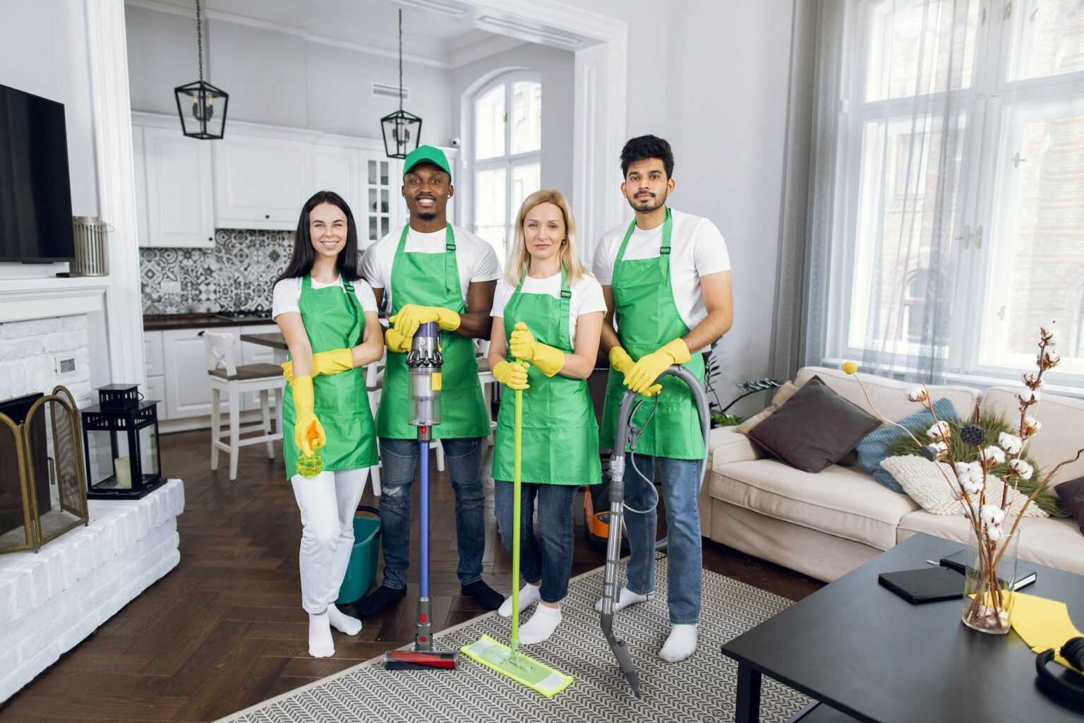 Four multiracial cleaners standing at modern apartment
